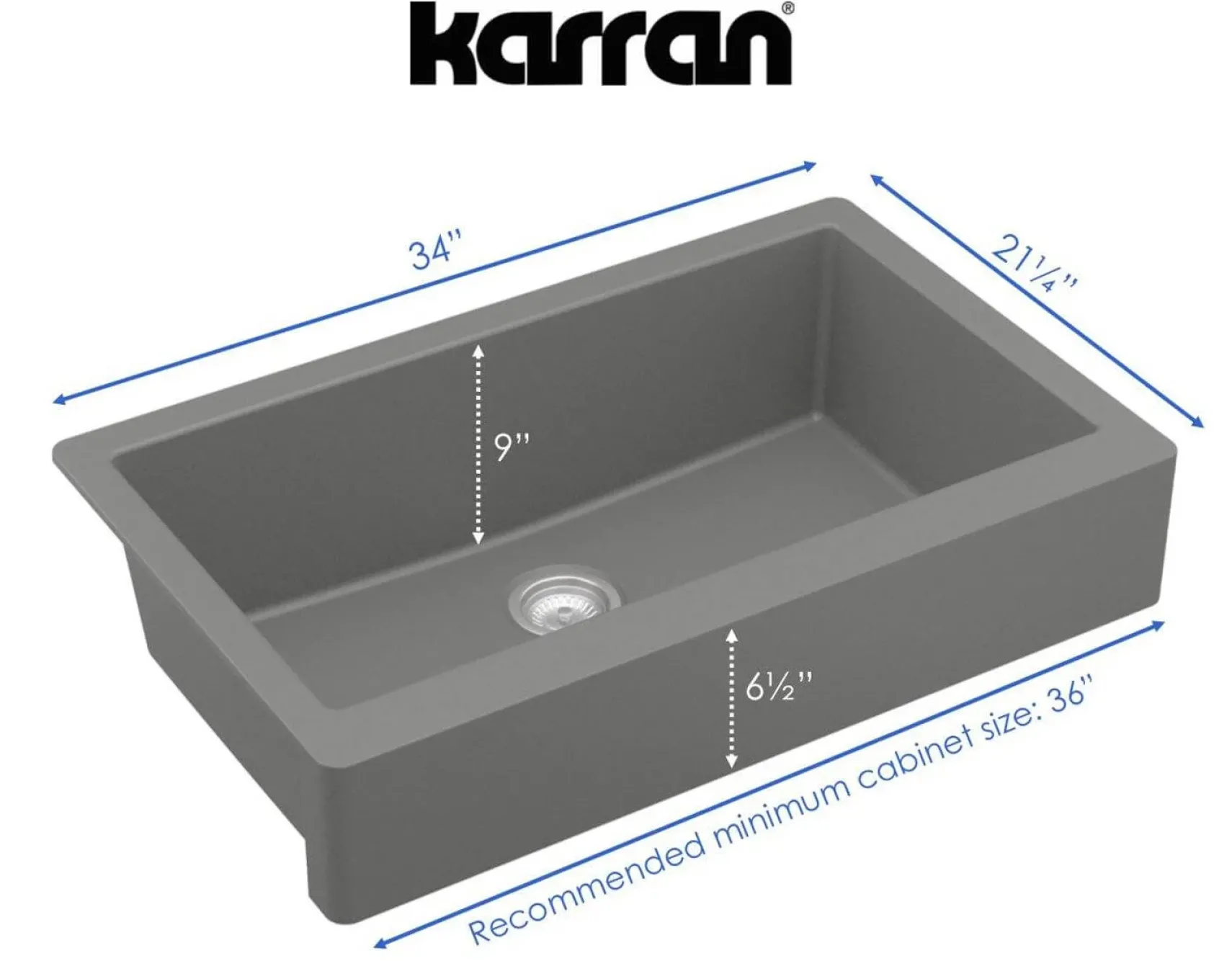 Karran 34" Quartz Composite Retrofit Farmhouse Sink, Grey, QAR-740-GR