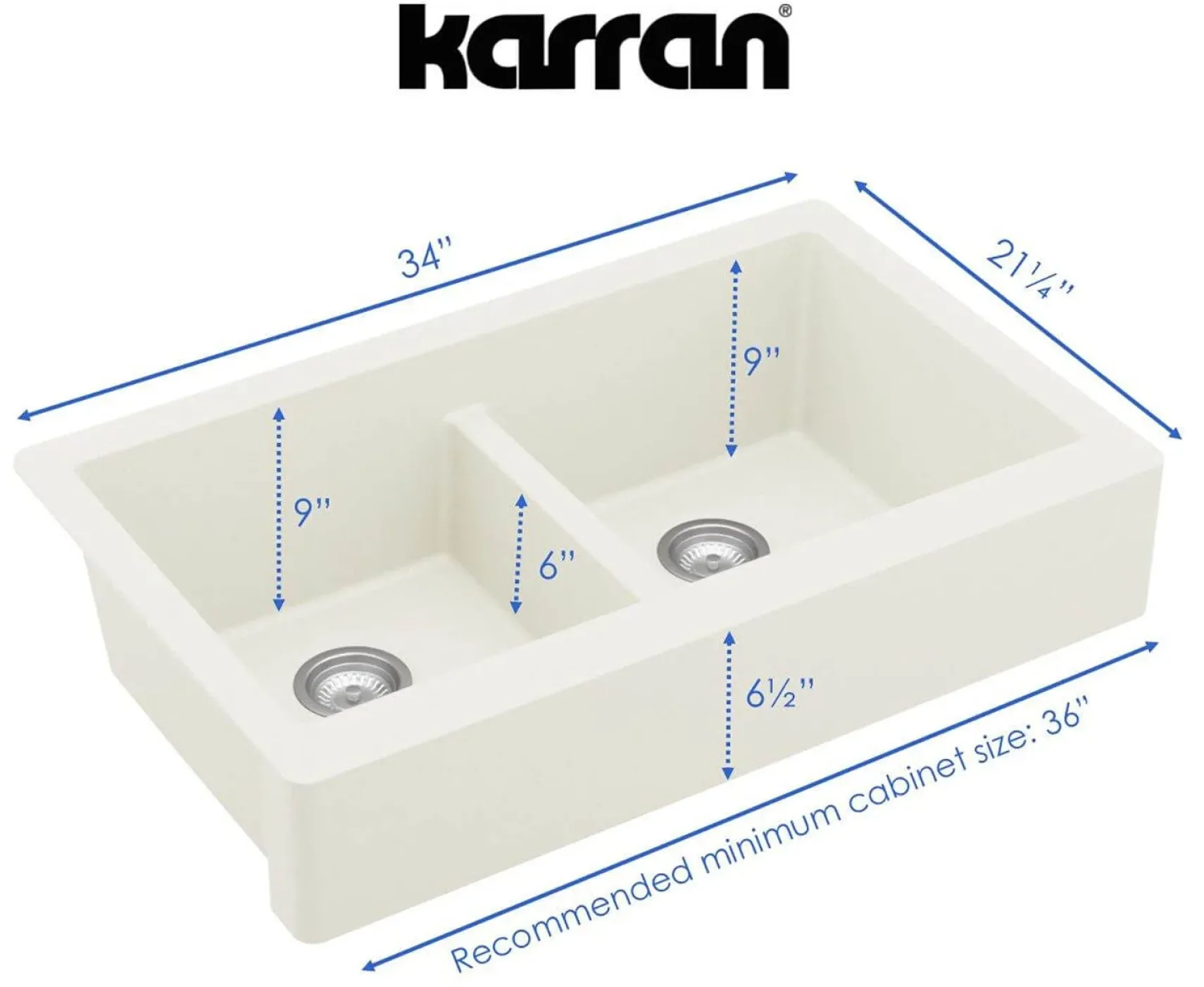 Karran 34" Quartz Composite Retrofit Farmhouse Sink, 50/50 Double Bowl, White, QAR-750-WH