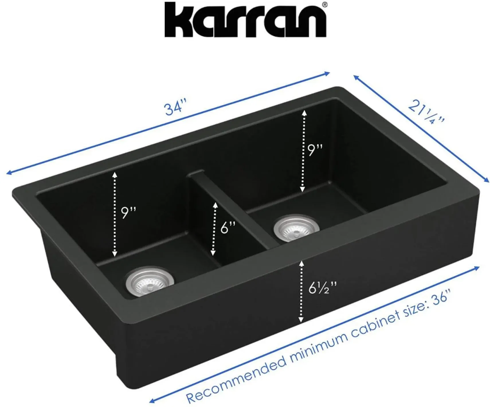 Karran 34" Quartz Composite Retrofit Farmhouse Sink, 50/50 Double Bowl, Black, QAR-750-BL
