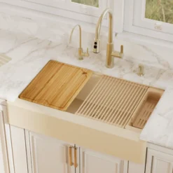 Karran 34" Quartz Composite Retrofit Workstation Farmhouse Sink, Bisque, QARWS-740-BI-PK2