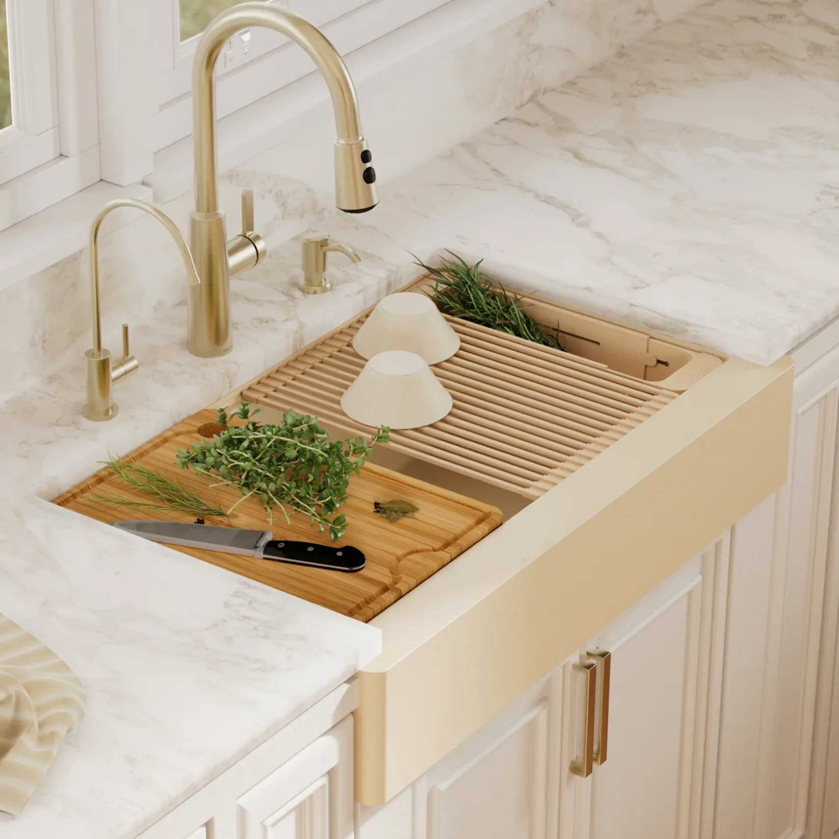 Karran 34" Quartz Composite Retrofit Workstation Farmhouse Sink, Bisque, QARWS-740-BI-PK2