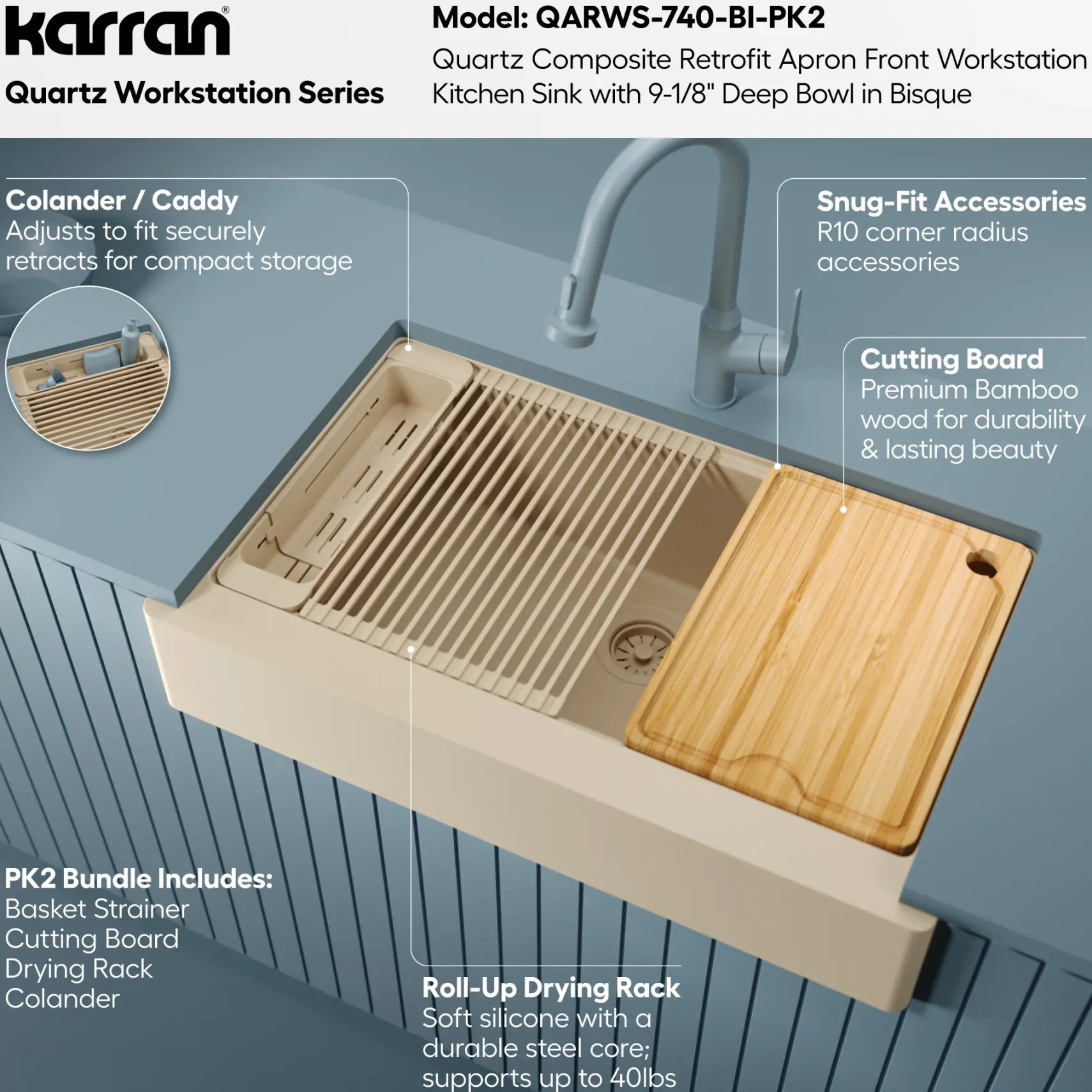 Karran 34" Quartz Composite Retrofit Workstation Farmhouse Sink, Bisque, QARWS-740-BI-PK2