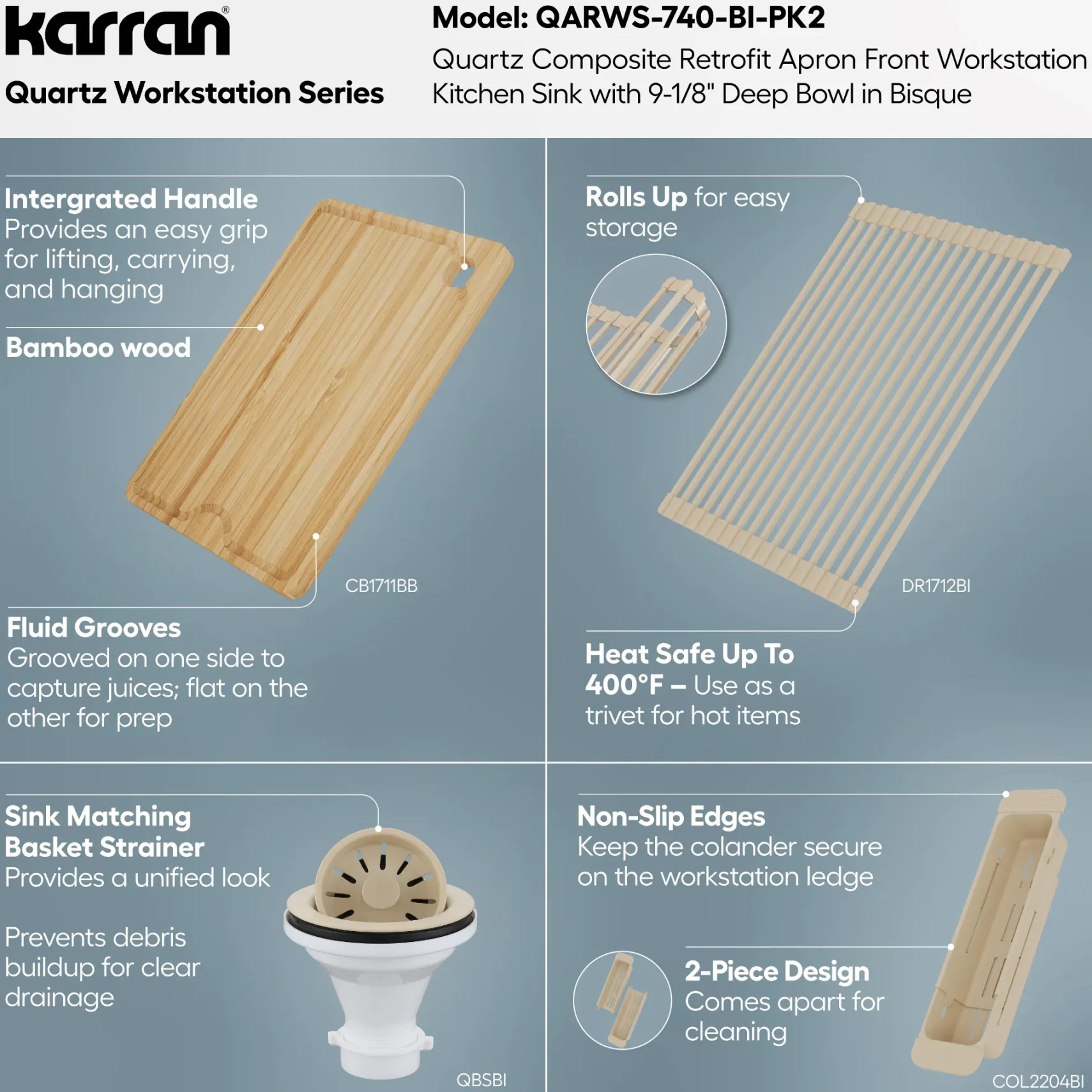Karran 34" Quartz Composite Retrofit Workstation Farmhouse Sink, Bisque, QARWS-740-BI-PK2