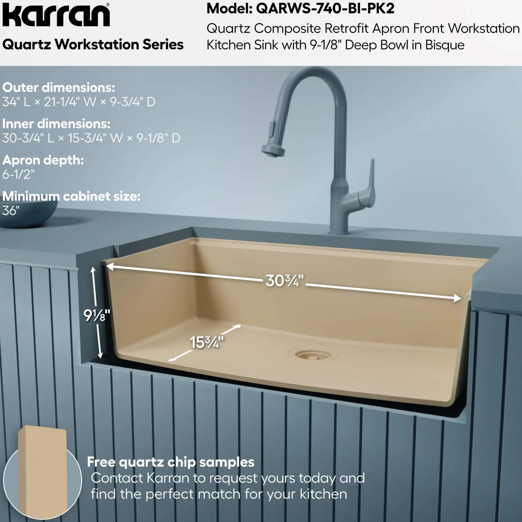 Karran 34" Quartz Composite Retrofit Workstation Farmhouse Sink, Bisque, QARWS-740-BI-PK2