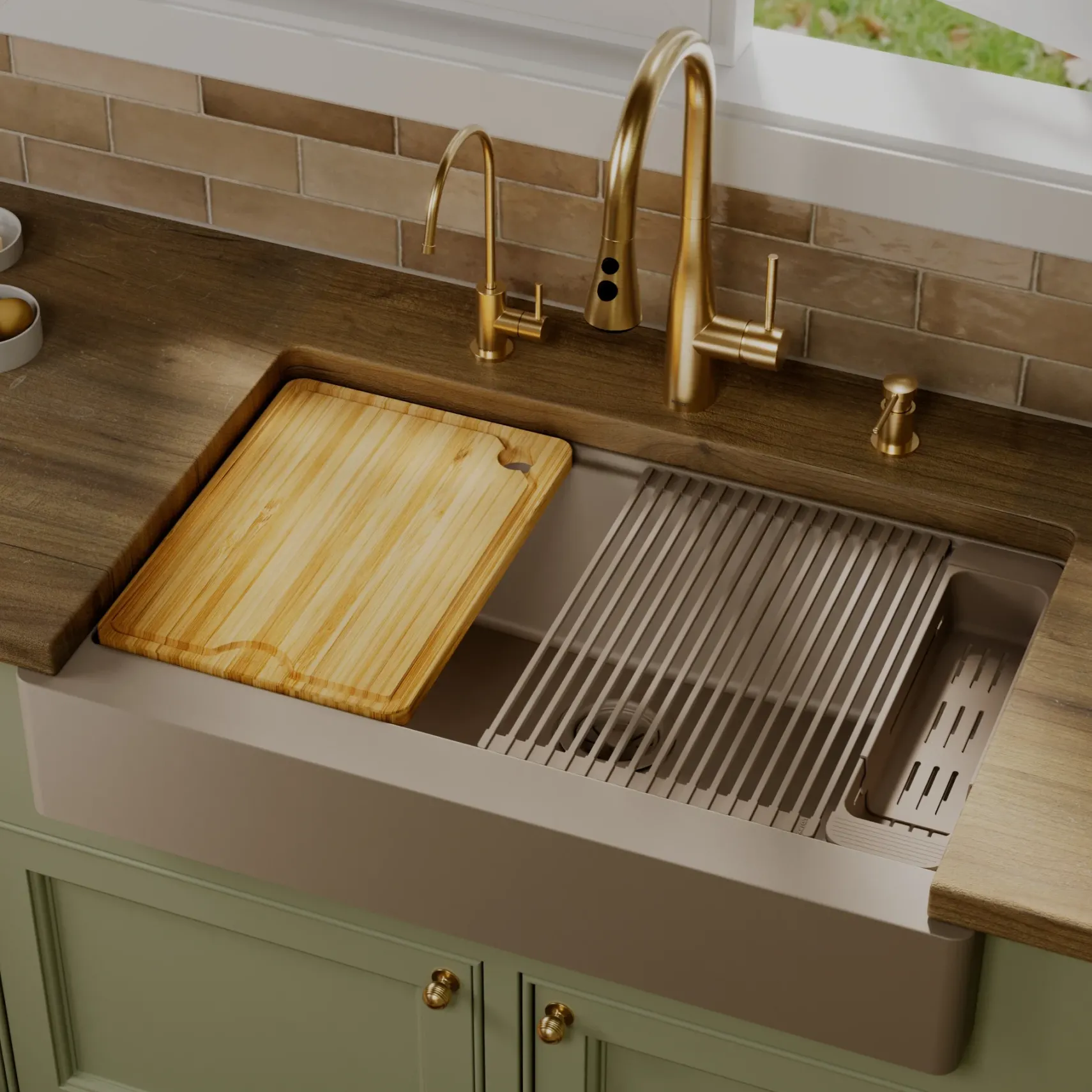 Karran 34" Quartz Composite Retrofit Workstation Farmhouse Sink, Concrete, QARWS-740-CN-PK2