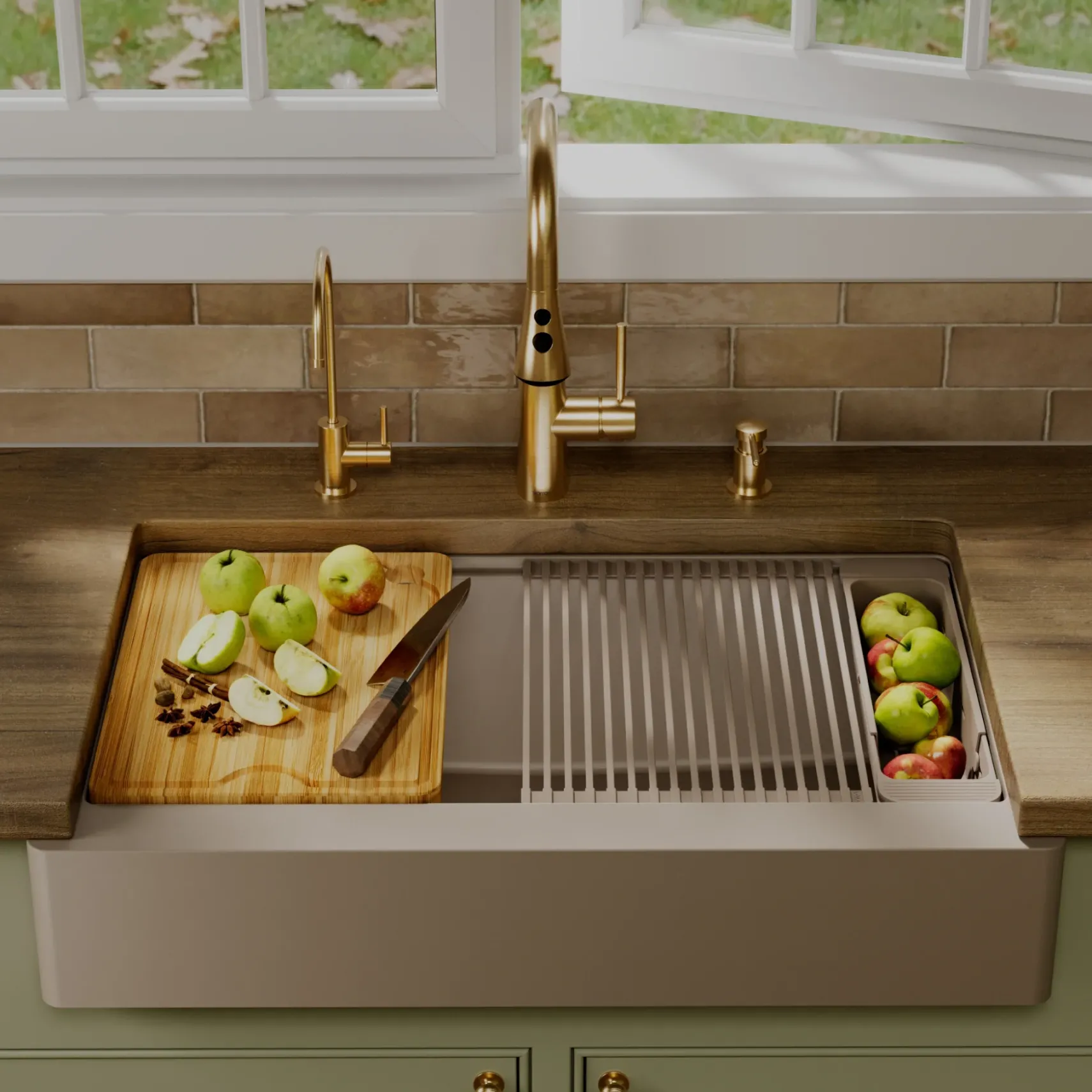 Karran 34" Quartz Composite Retrofit Workstation Farmhouse Sink, Concrete, QARWS-740-CN-PK2
