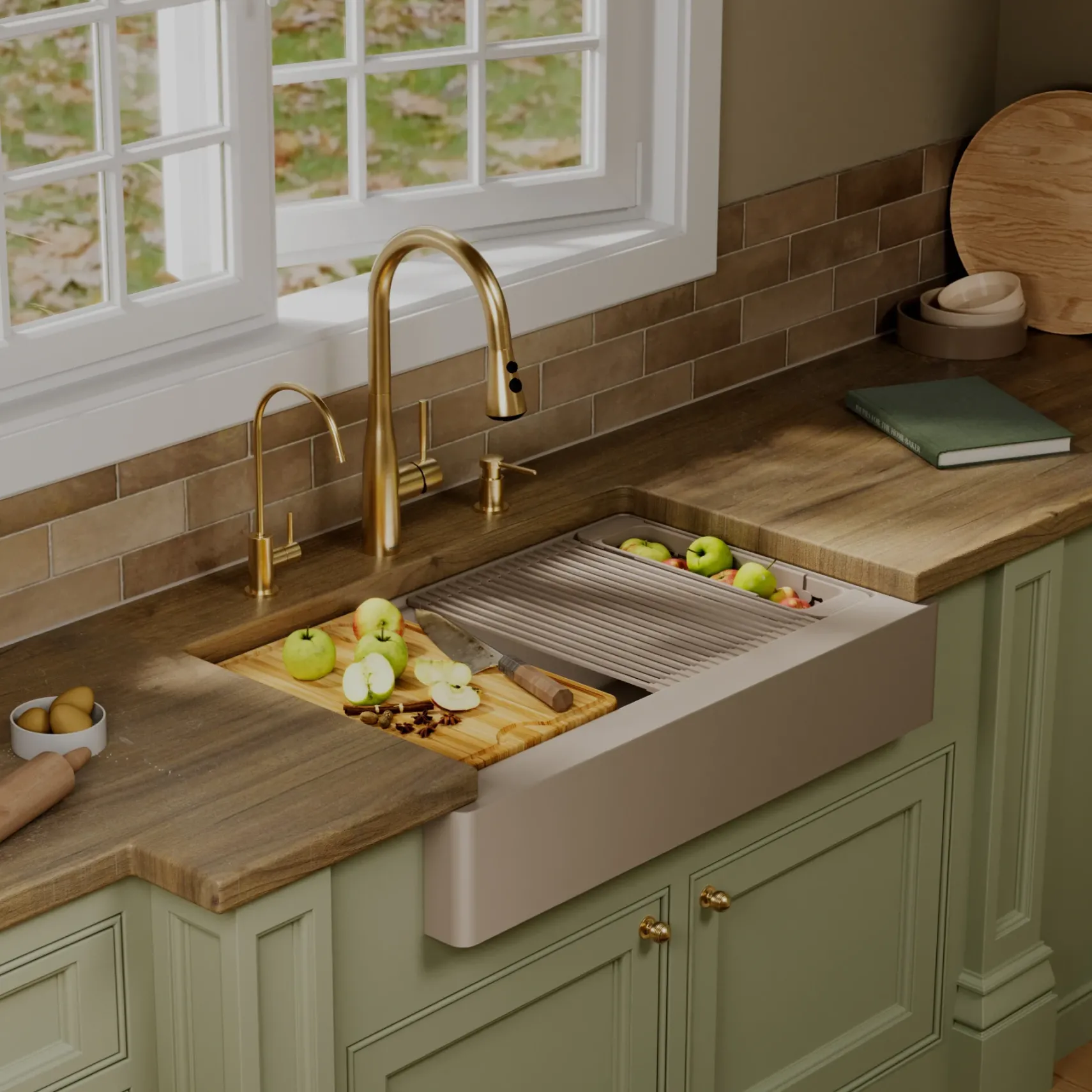 Karran 34" Quartz Composite Retrofit Workstation Farmhouse Sink, Concrete, QARWS-740-CN-PK2