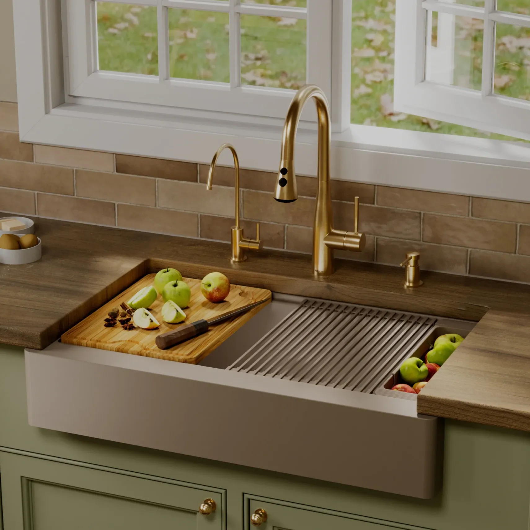 Karran 34" Quartz Composite Retrofit Workstation Farmhouse Sink, Concrete, QARWS-740-CN-PK2