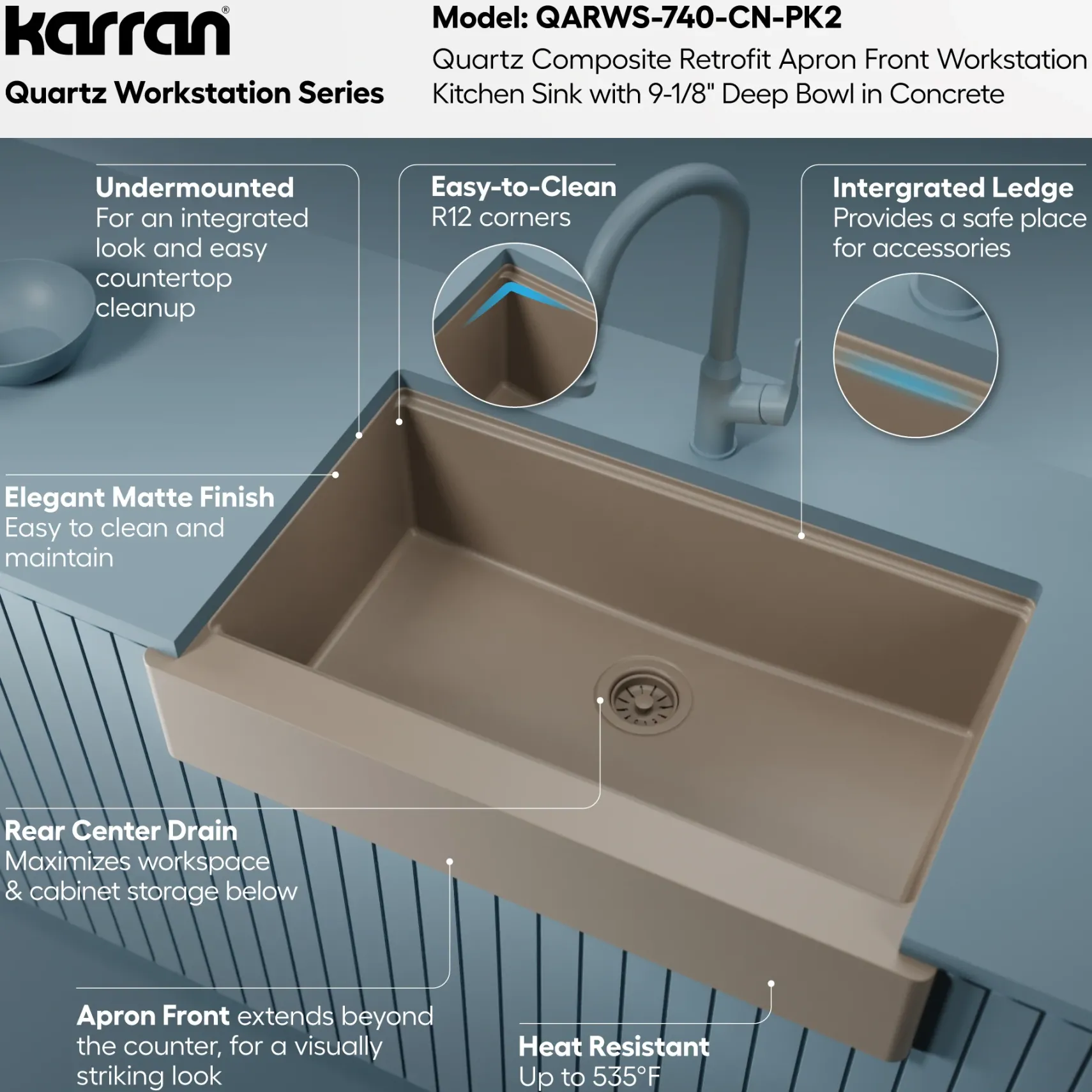 Karran 34" Quartz Composite Retrofit Workstation Farmhouse Sink, Concrete, QARWS-740-CN-PK2