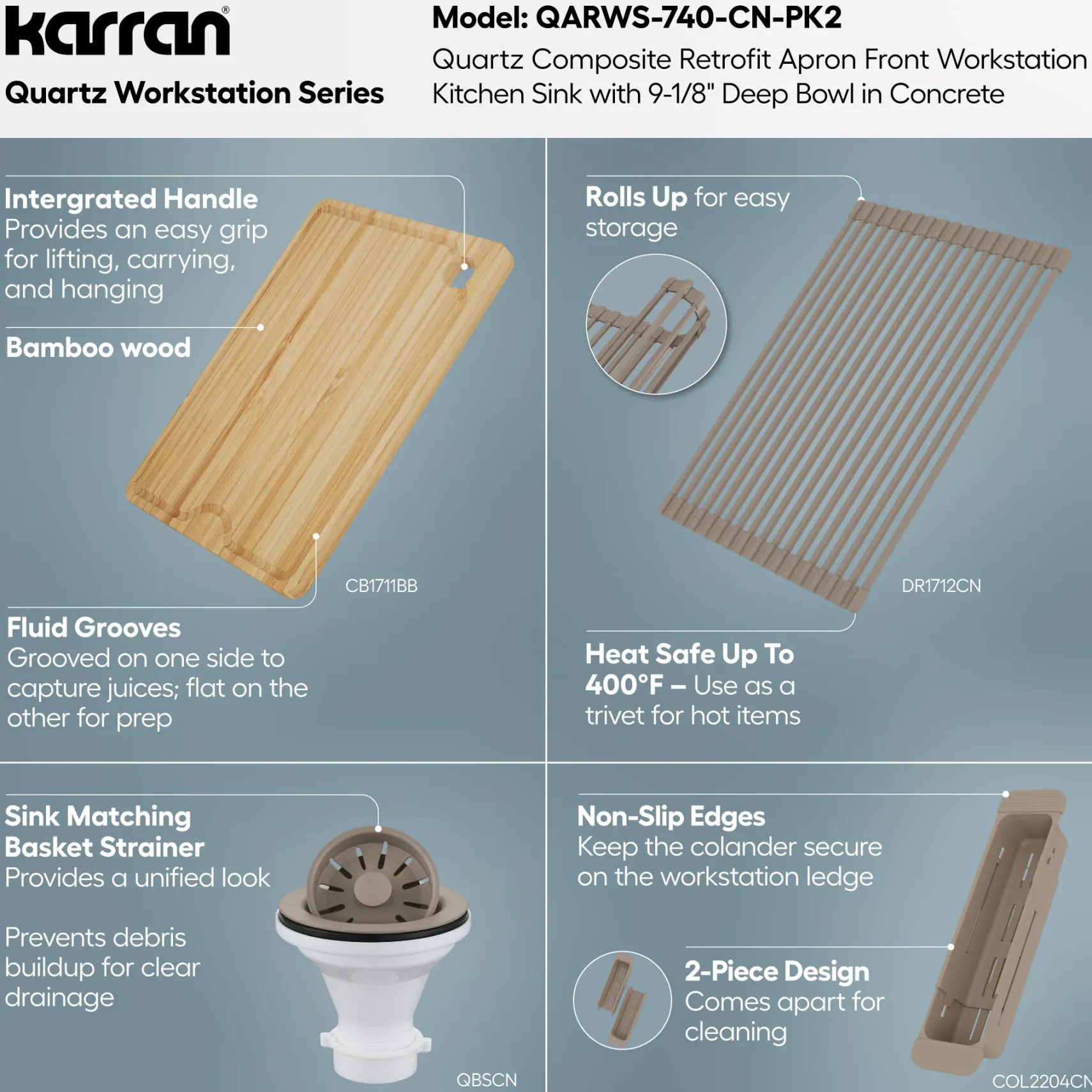 Karran 34" Quartz Composite Retrofit Workstation Farmhouse Sink, Concrete, QARWS-740-CN-PK2