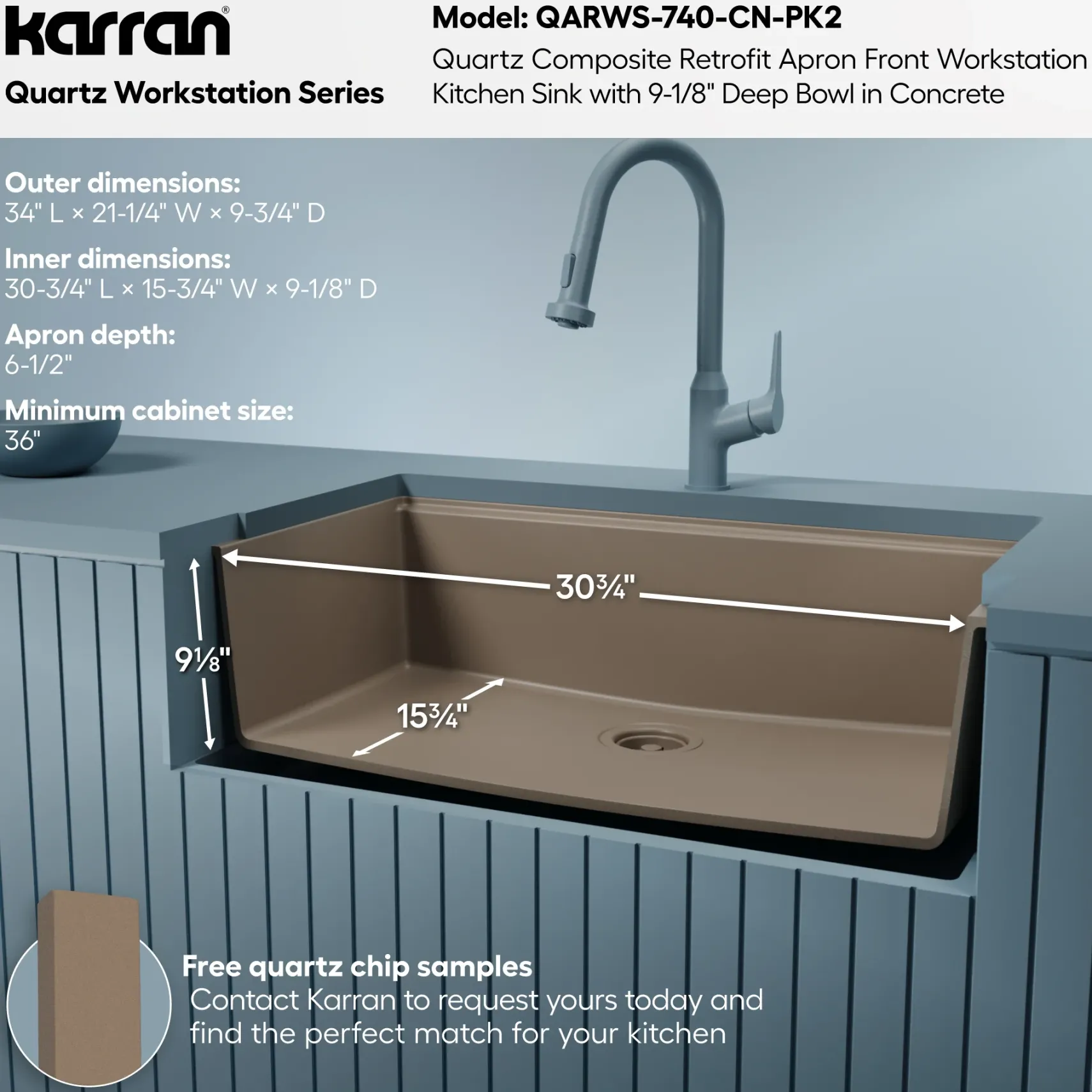Karran 34" Quartz Composite Retrofit Workstation Farmhouse Sink, Concrete, QARWS-740-CN-PK2