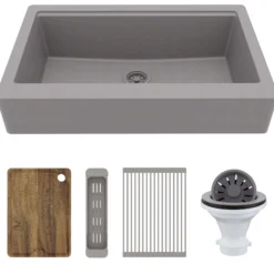 Karran 34" Quartz Composite Retrofit Workstation Farmhouse Sink, Grey, QARWS-740-GR-PK2