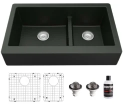 Karran 34" Quartz Composite Retrofit Farmhouse Sink, 60/40 Double Bowl, Black, QAR-760-BL-PK1