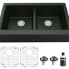 Karran 34" Quartz Composite Retrofit Farmhouse Sink, 50/50 Double Bowl, Black, QAR-750-BL-PK1