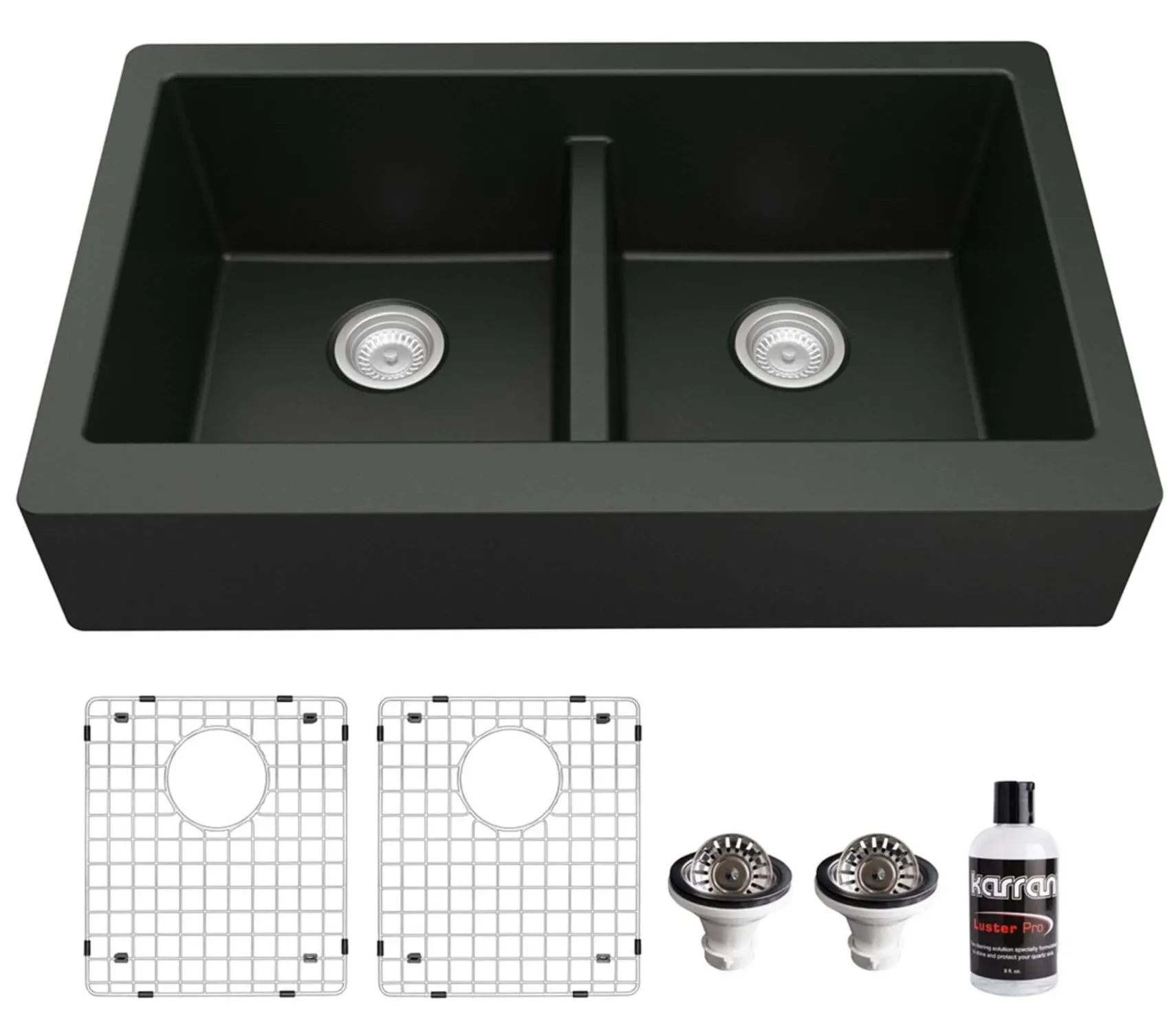 Karran 34" Quartz Composite Retrofit Farmhouse Sink, 50/50 Double Bowl, Black, QAR-750-BL-PK1