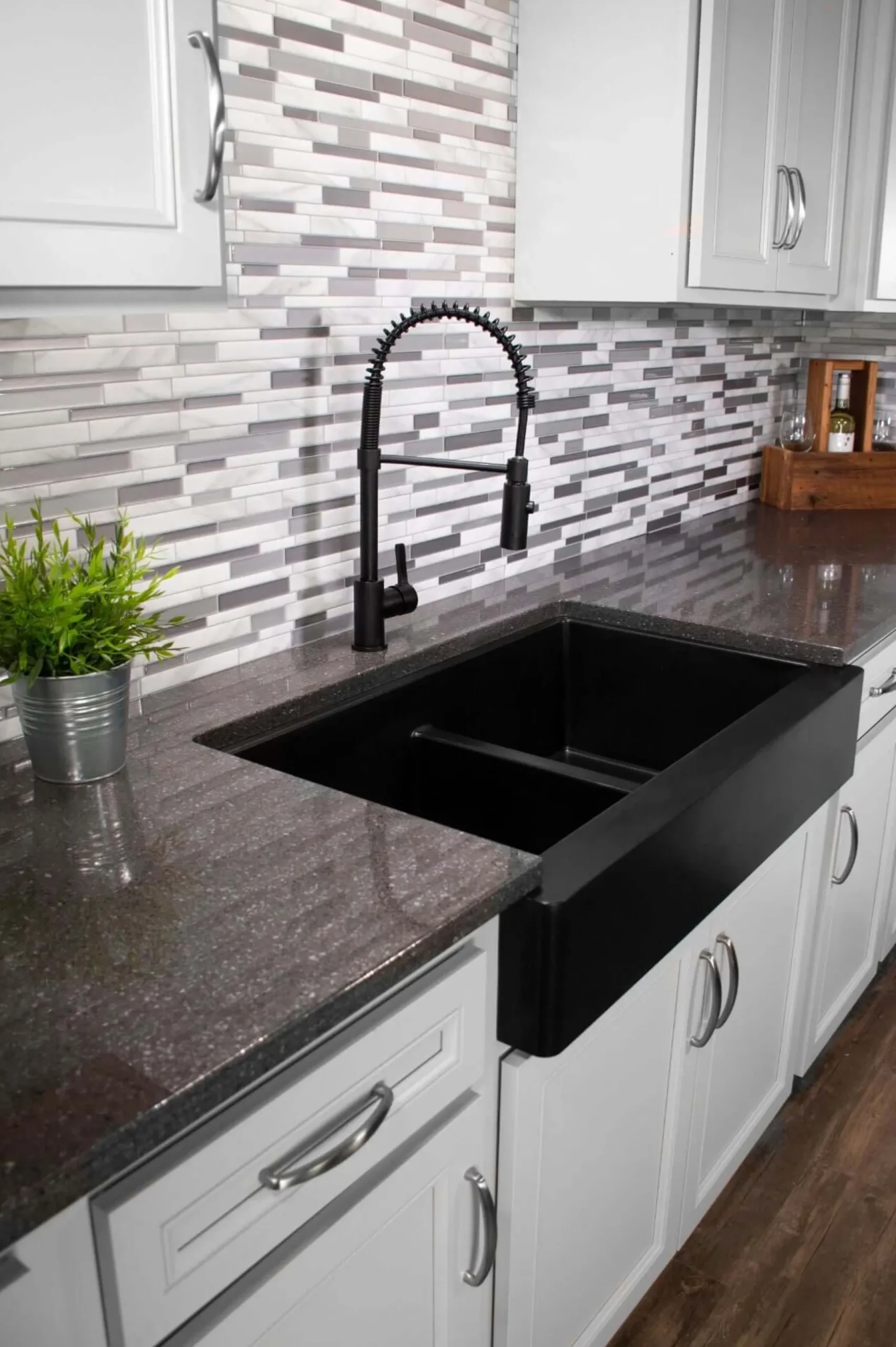 Karran 34" Quartz Composite Retrofit Farmhouse Sink, 50/50 Double Bowl, Black, QAR-750-BL-PK1
