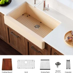 Karran 34" Quartz Composite Retrofit Workstation Farmhouse Sink with Accessories, Bisque, QARWS-740-BI