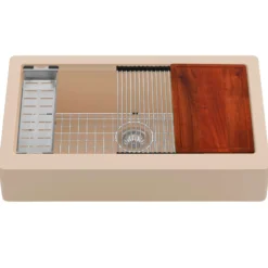 Karran 34" Quartz Composite Retrofit Workstation Farmhouse Sink with Accessories, Bisque, QARWS-740-BI