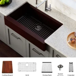 Karran 34" Quartz Composite Retrofit Workstation Farmhouse Sink with Accessories, Brown, QARWS-740-BR