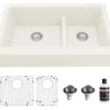 Karran 34" Quartz Composite Retrofit Farmhouse Sink, 60/40 Double Bowl, White, QAR-760-WH-PK1