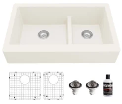 Karran 34" Quartz Composite Retrofit Farmhouse Sink, 60/40 Double Bowl, White, QAR-760-WH-PK1