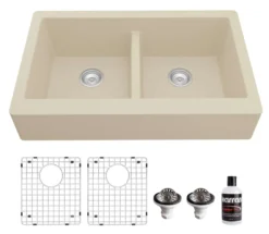 Karran 34" Quartz Composite Retrofit Farmhouse Sink, 50/50 Double Bowl, Bisque, QAR-750-BI-PK1