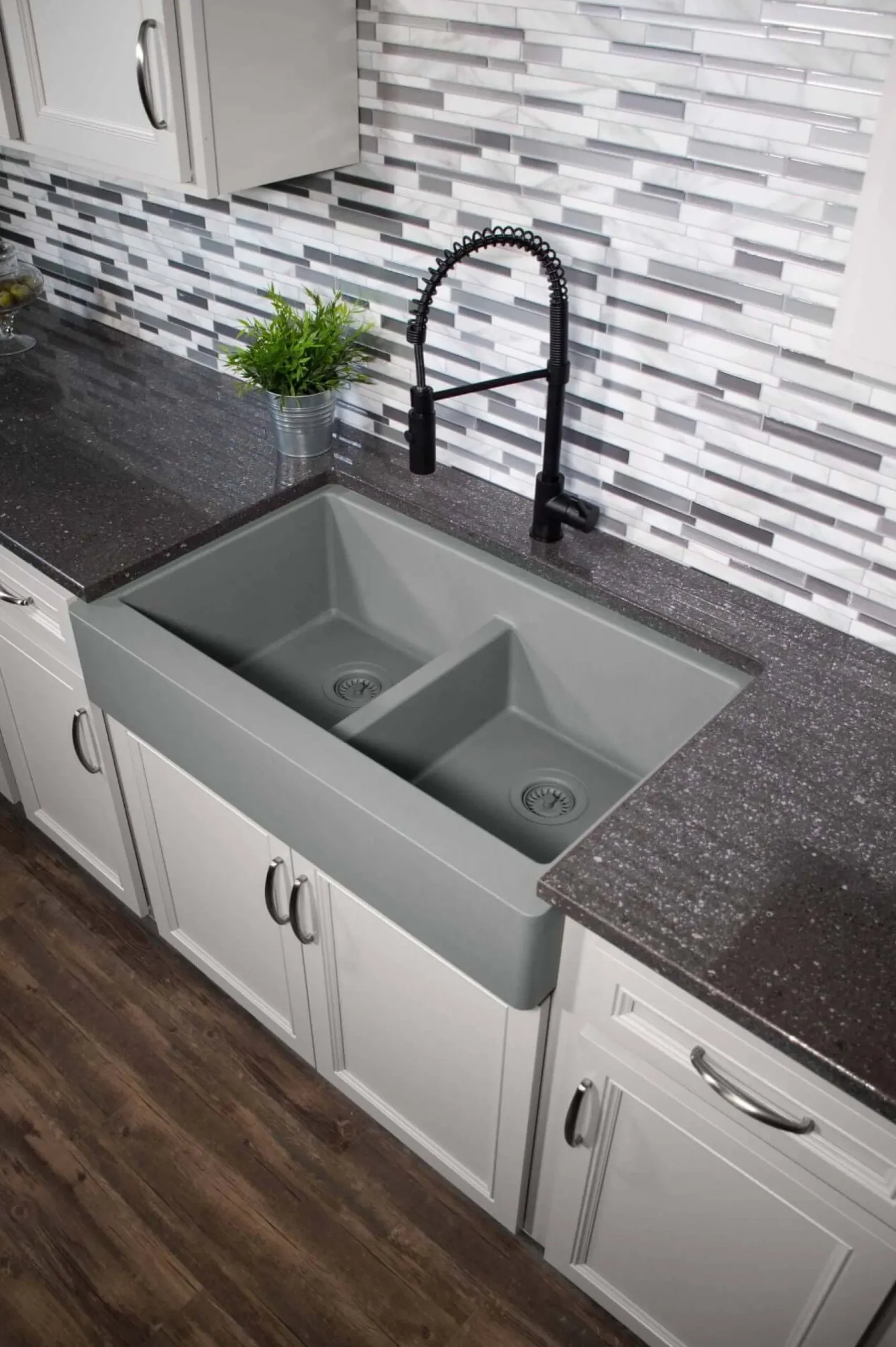 Karran 34" Quartz Composite Retrofit Farmhouse Sink, 50/50 Double Bowl, Grey, QAR-750-GR-PK1