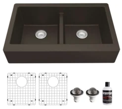 Karran 34" Quartz Composite Retrofit Farmhouse Sink, 50/50 Double Bowl, Brown, QAR-750-BR-PK1