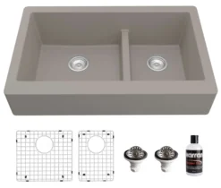Karran 34" Quartz Composite Retrofit Farmhouse Sink, 60/40 Double Bowl, Concrete, QAR-760-CN-PK1