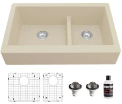 Karran 34" Quartz Composite Retrofit Farmhouse Sink, 60/40 Double Bowl, Bisque, QAR-760-BI-PK1