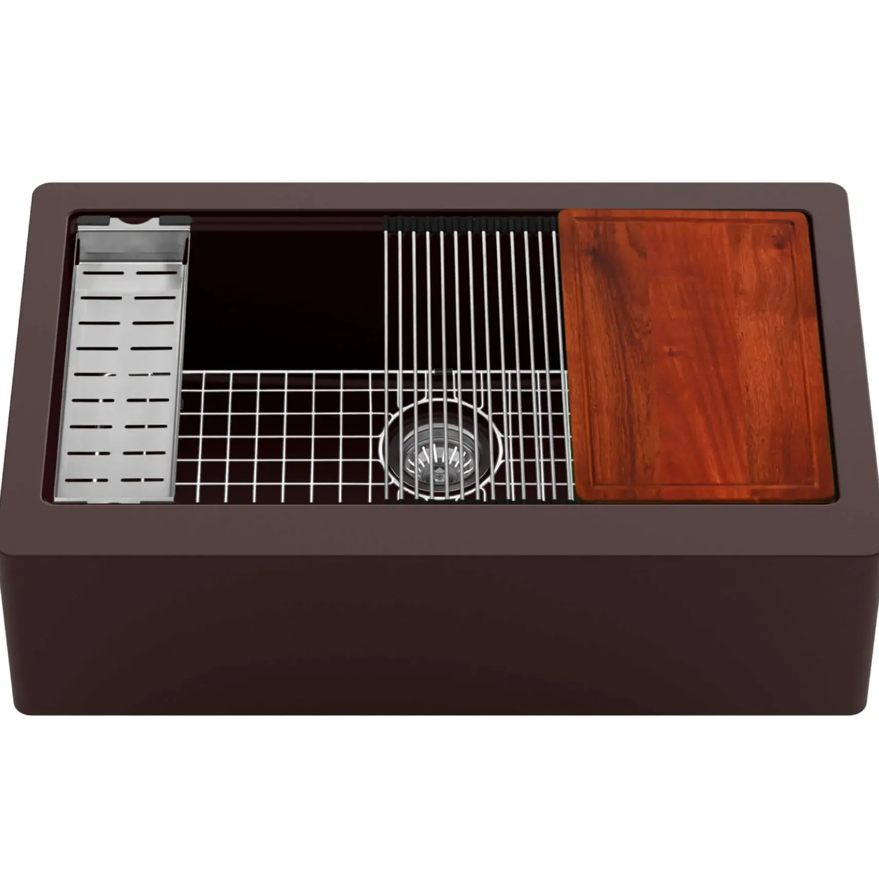 Karran 34" Quartz Composite Workstation Farmhouse Sink with Accessories, Brown, QAWS-740-BR
