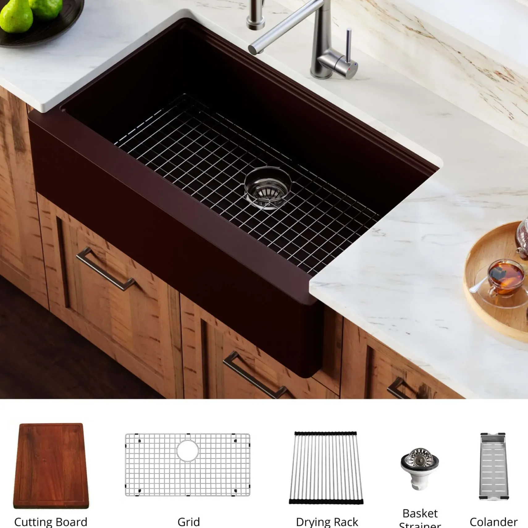 Karran 34" Quartz Composite Workstation Farmhouse Sink with Accessories, Brown, QAWS-740-BR