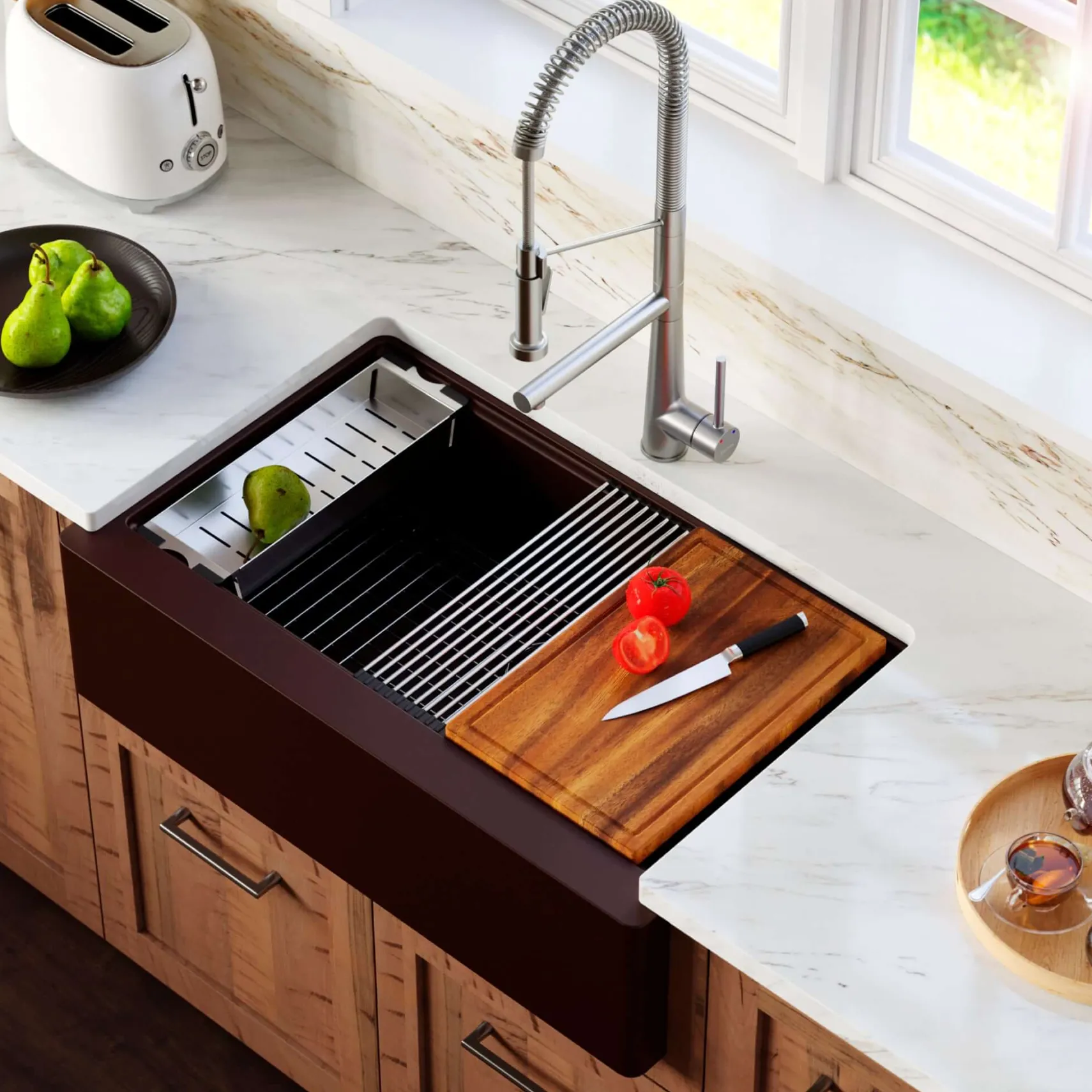 Karran 34" Quartz Composite Workstation Farmhouse Sink with Accessories, Brown, QAWS-740-BR