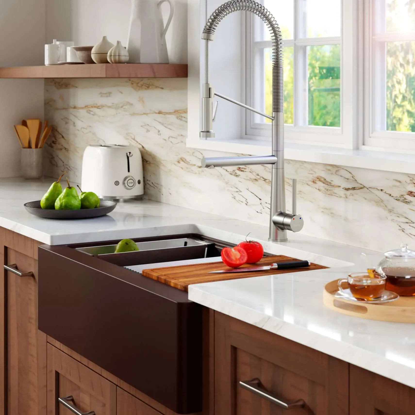 Karran 34" Quartz Composite Workstation Farmhouse Sink with Accessories, Brown, QAWS-740-BR