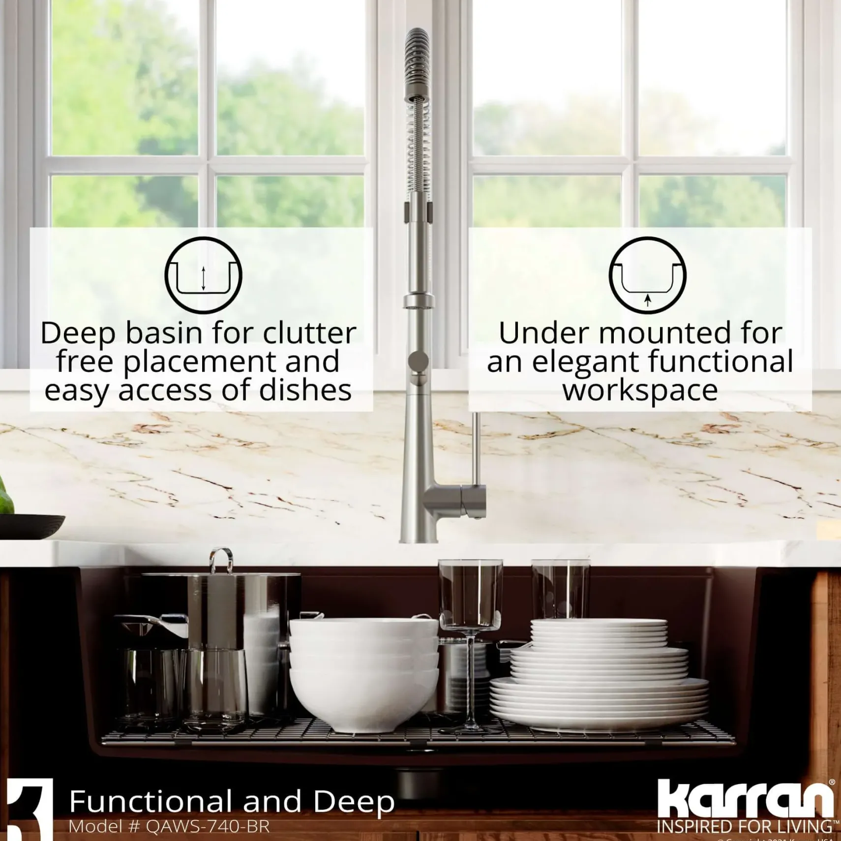 Karran 34" Quartz Composite Workstation Farmhouse Sink with Accessories, Brown, QAWS-740-BR