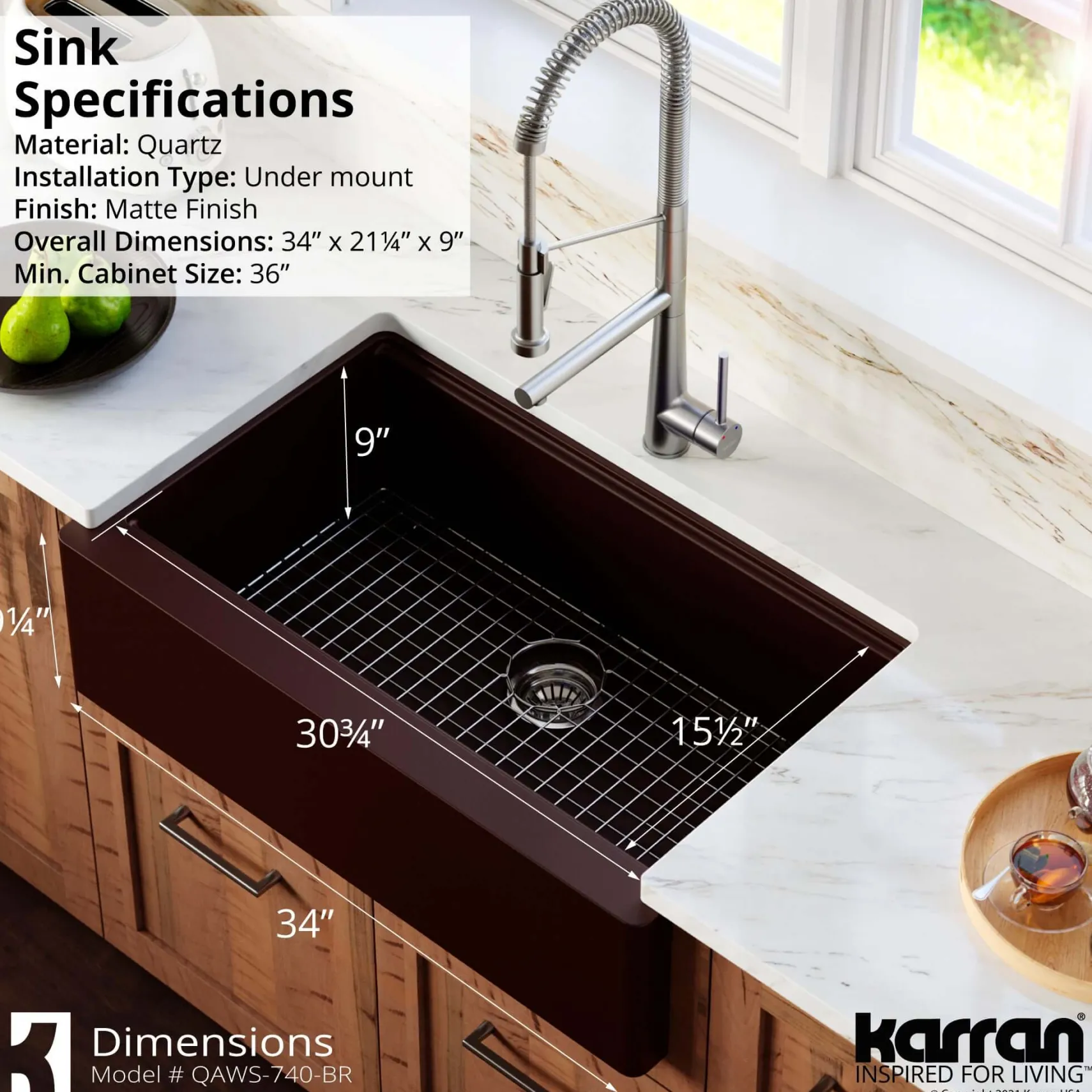 Karran 34" Quartz Composite Workstation Farmhouse Sink with Accessories, Brown, QAWS-740-BR