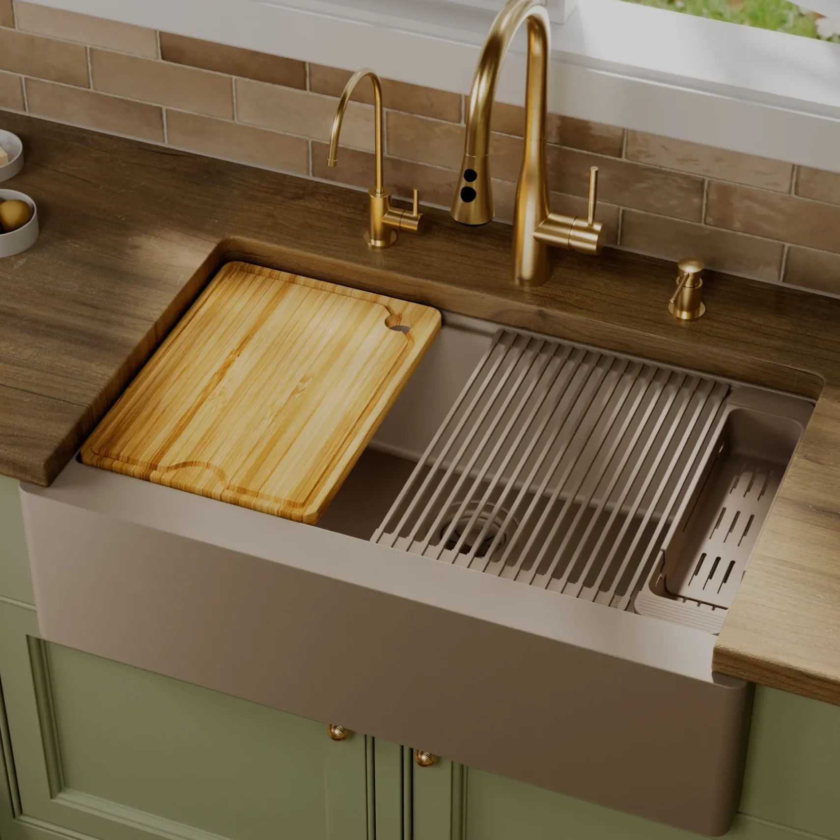 Karran 34" Quartz Composite Workstation Farmhouse Sink, Concrete, QAWS-740-CN-PK2