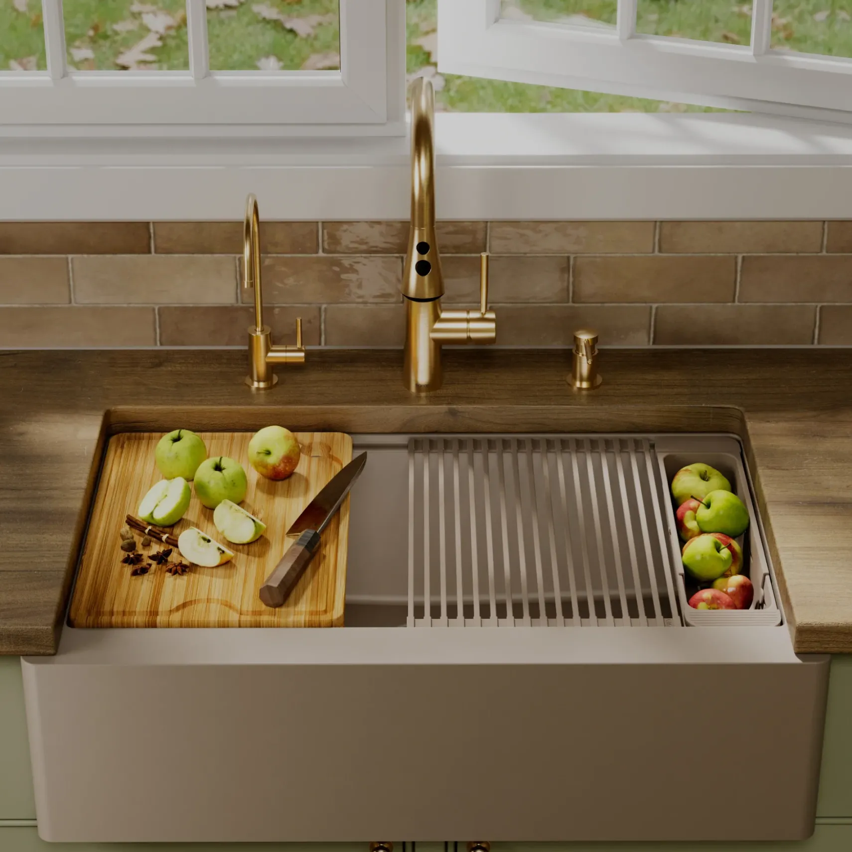 Karran 34" Quartz Composite Workstation Farmhouse Sink, Concrete, QAWS-740-CN-PK2