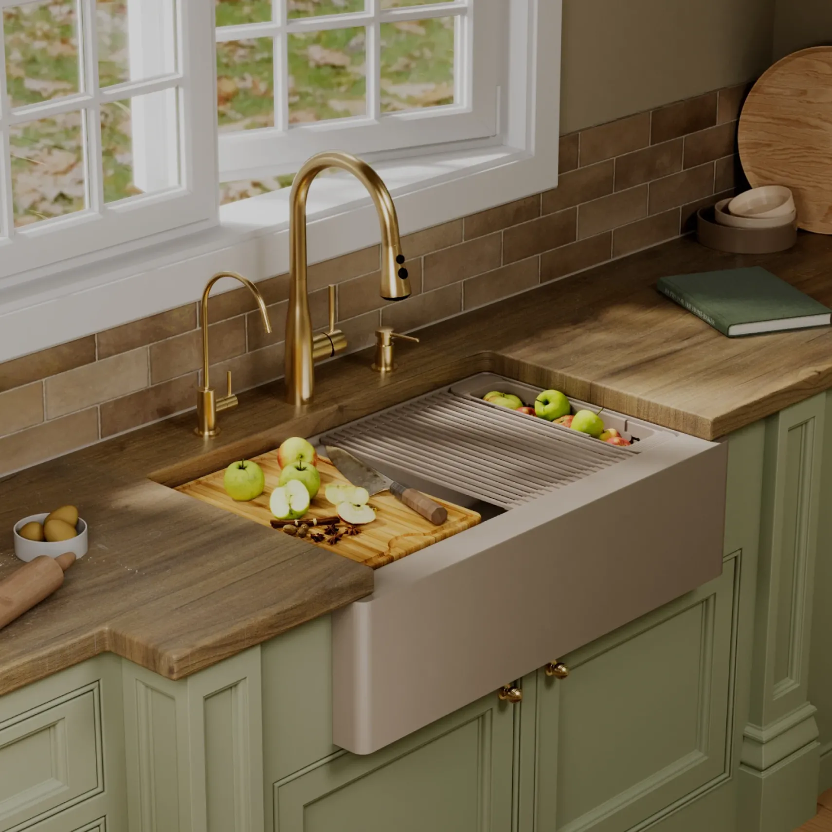 Karran 34" Quartz Composite Workstation Farmhouse Sink, Concrete, QAWS-740-CN-PK2