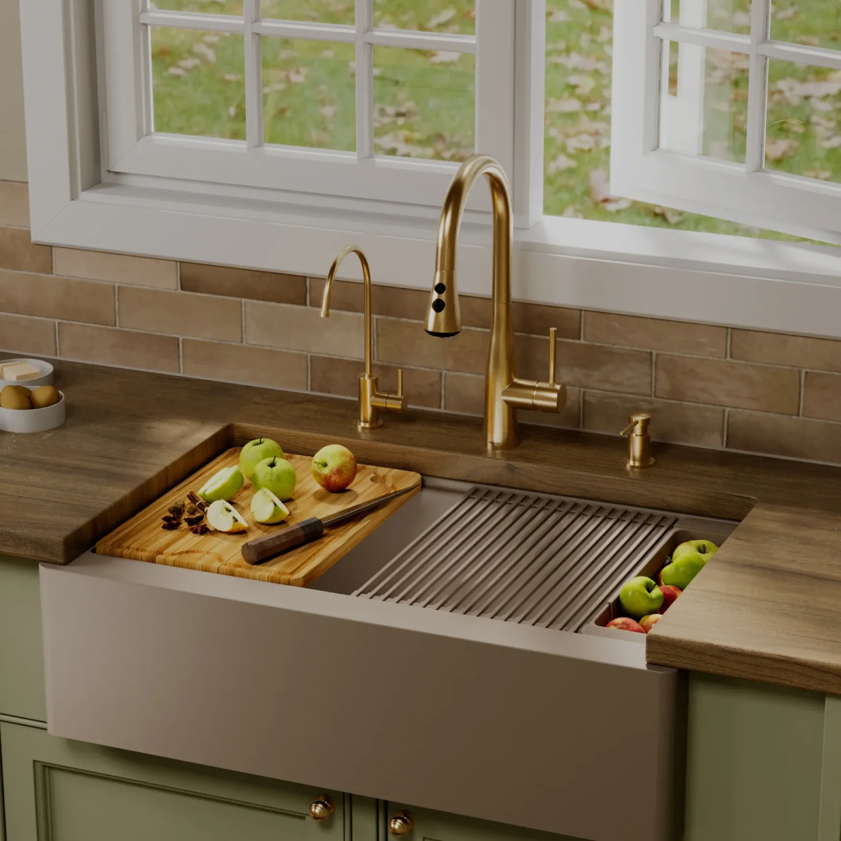 Karran 34" Quartz Composite Workstation Farmhouse Sink, Concrete, QAWS-740-CN-PK2