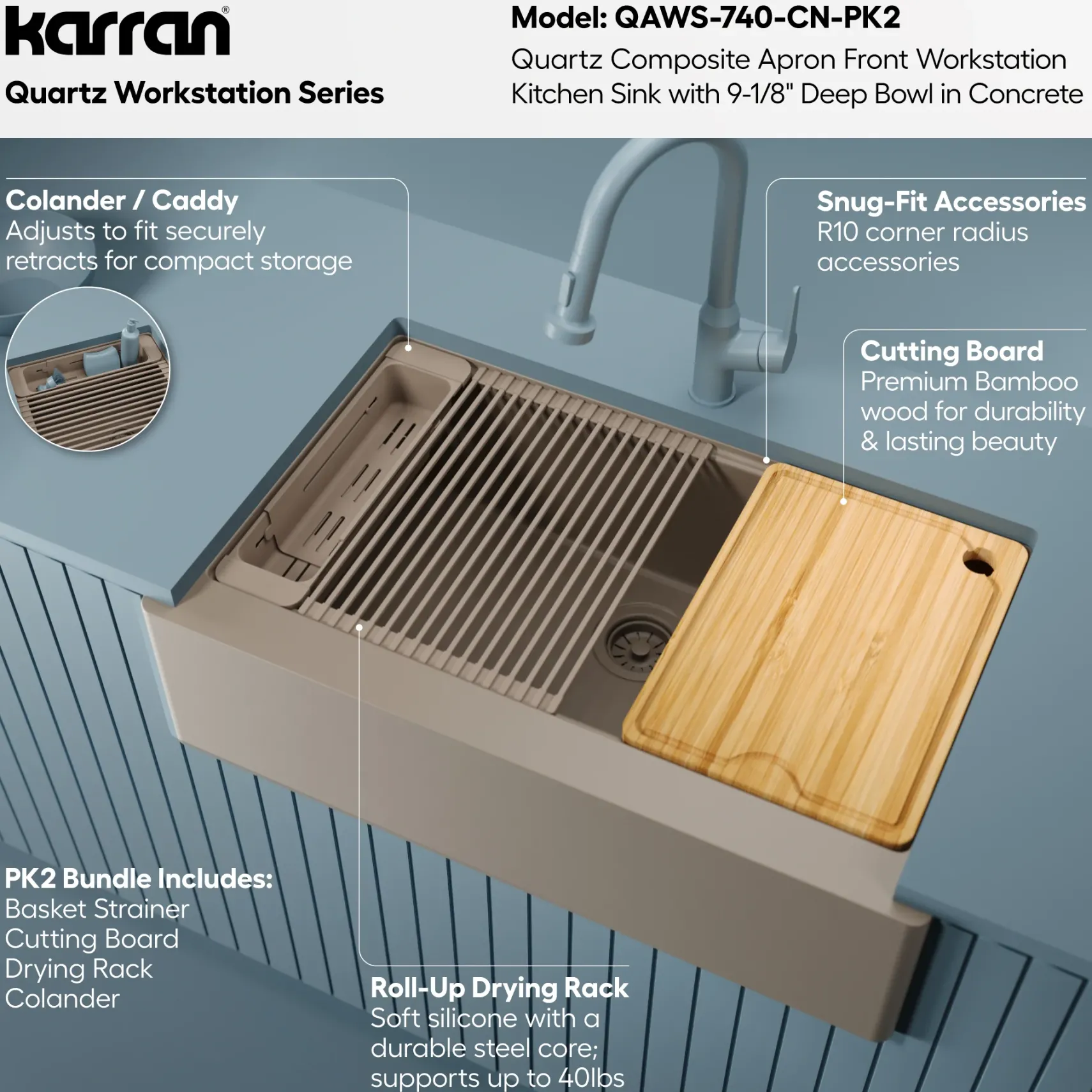 Karran 34" Quartz Composite Workstation Farmhouse Sink, Concrete, QAWS-740-CN-PK2