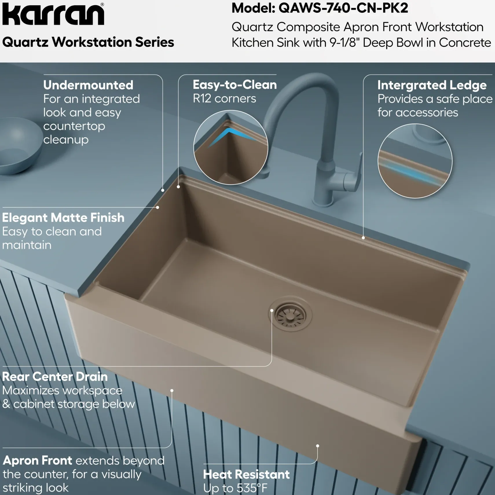 Karran 34" Quartz Composite Workstation Farmhouse Sink, Concrete, QAWS-740-CN-PK2
