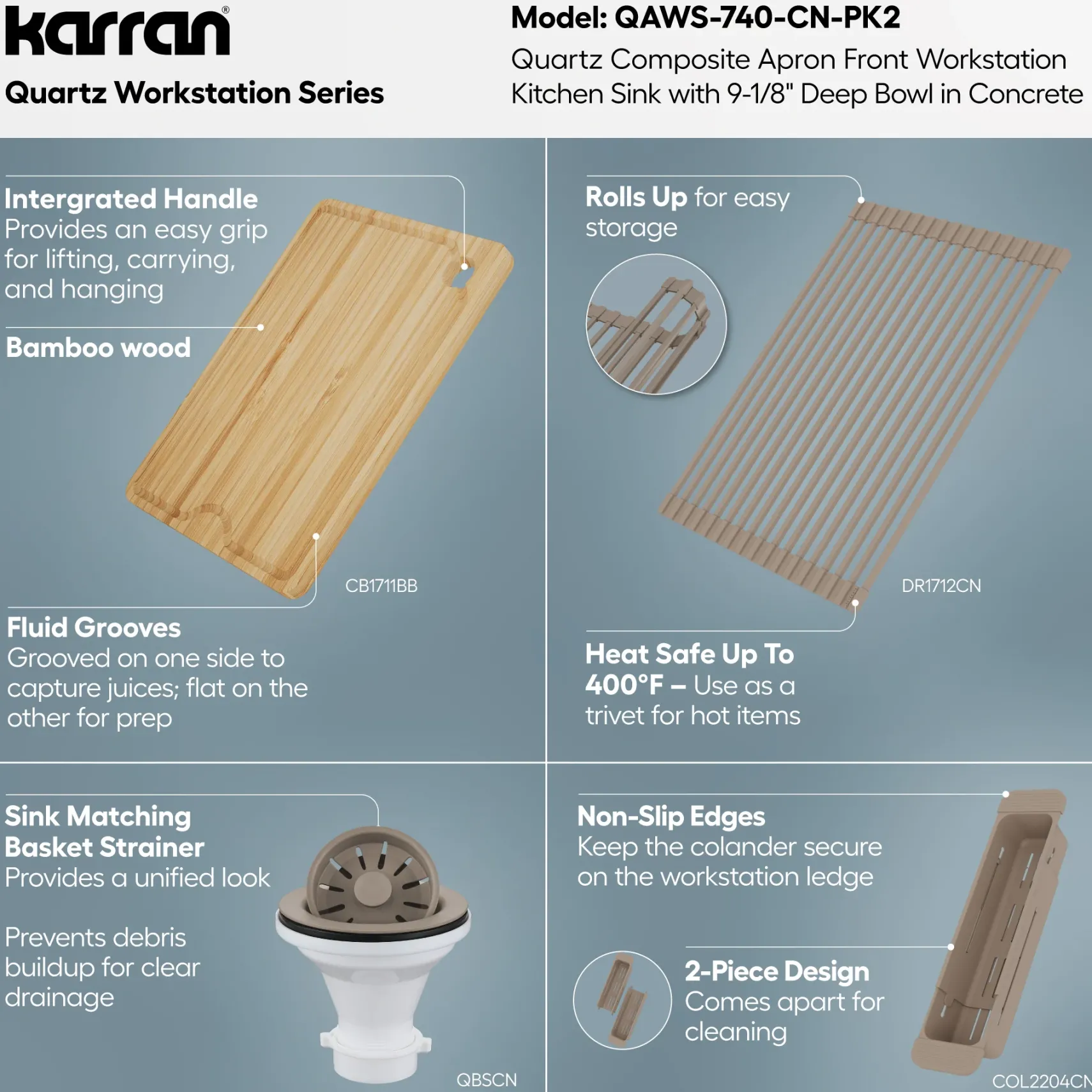Karran 34" Quartz Composite Workstation Farmhouse Sink, Concrete, QAWS-740-CN-PK2