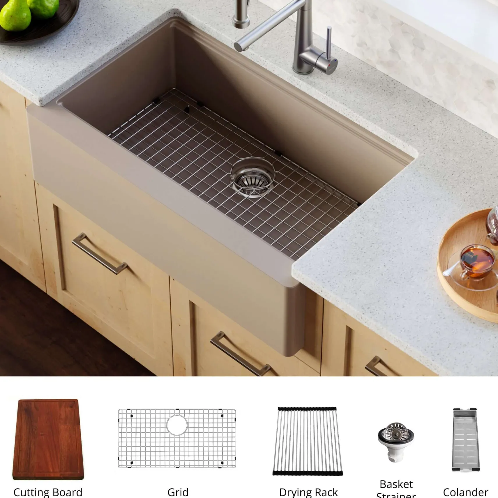 Karran 34" Quartz Composite Workstation Farmhouse Sink with Accessories, Concrete, QAWS-740-CN