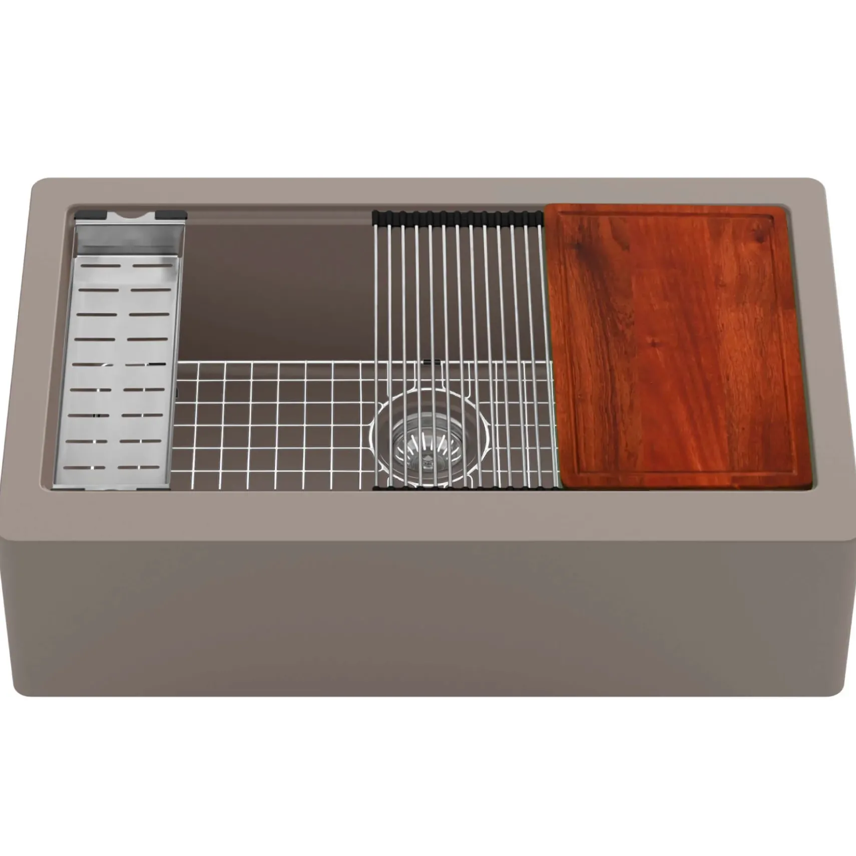 Karran 34" Quartz Composite Workstation Farmhouse Sink with Accessories, Concrete, QAWS-740-CN