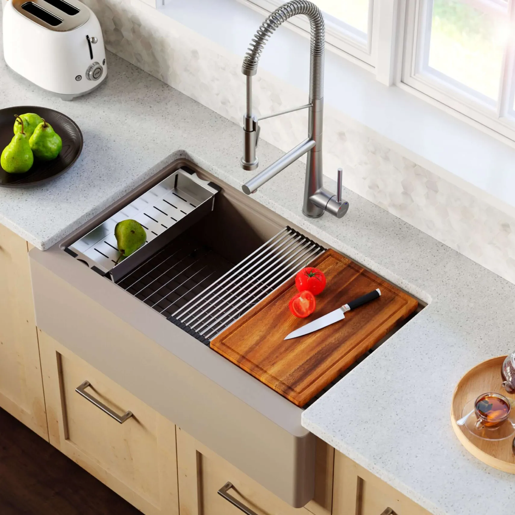 Karran 34" Quartz Composite Workstation Farmhouse Sink with Accessories, Concrete, QAWS-740-CN