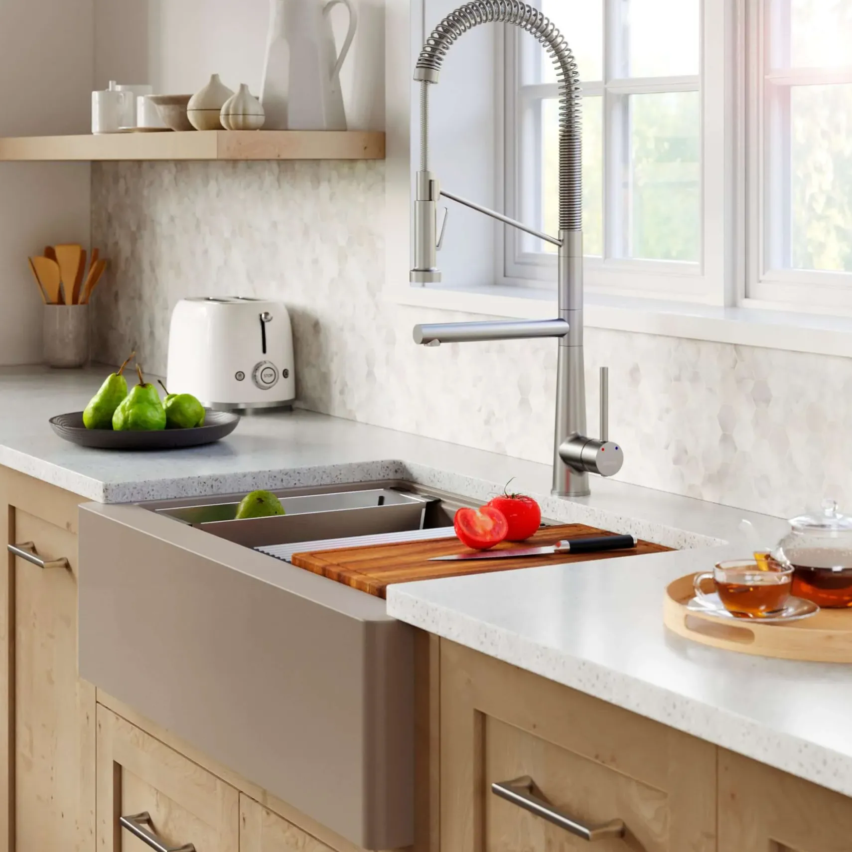 Karran 34" Quartz Composite Workstation Farmhouse Sink with Accessories, Concrete, QAWS-740-CN