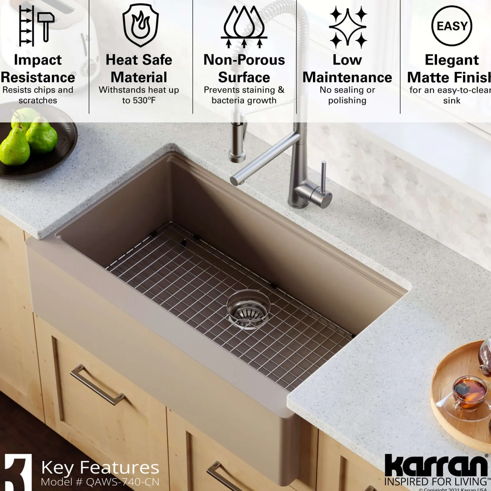 Karran 34" Quartz Composite Workstation Farmhouse Sink with Accessories, Concrete, QAWS-740-CN