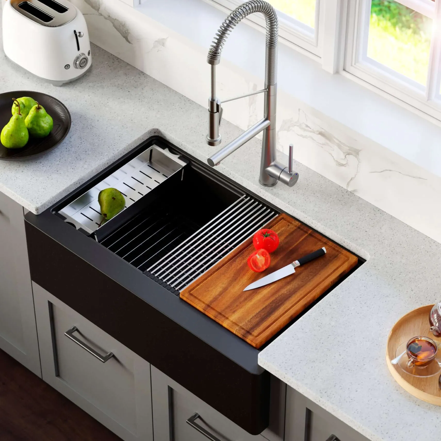 Karran 34" Quartz Composite Workstation Farmhouse Sink with Accessories, Black, QAWS-740-BL