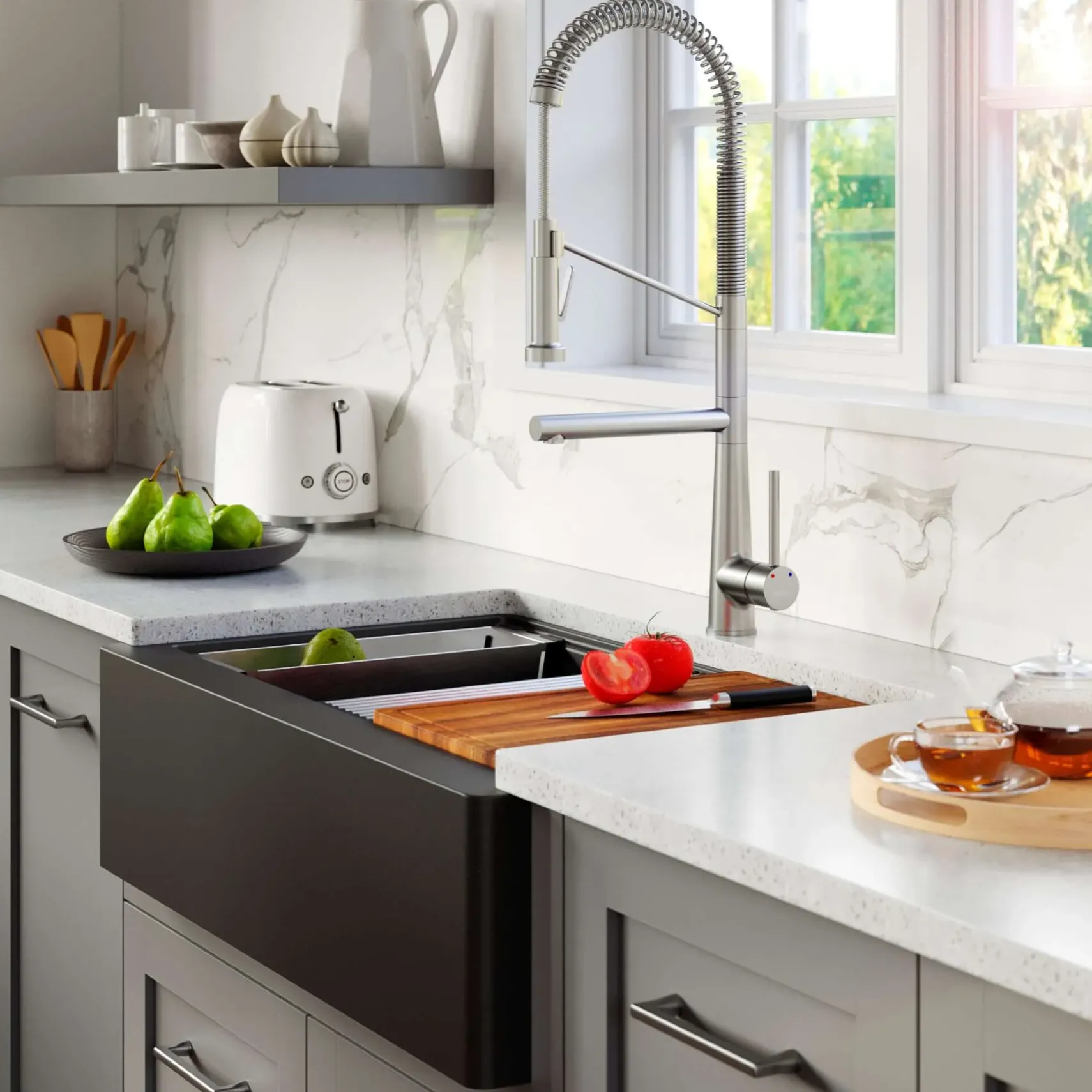 Karran 34" Quartz Composite Workstation Farmhouse Sink with Accessories, Black, QAWS-740-BL